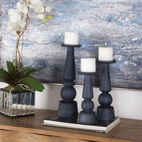 Midnight Blue Glass Pillar Candle Holders Set of 3