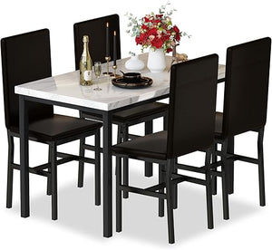 5-Piece Faux Marble Dining Table Set with 4 PU Leather Chairs