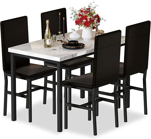 5-Piece Faux Marble Dining Table Set with 4 PU Leather Chairs