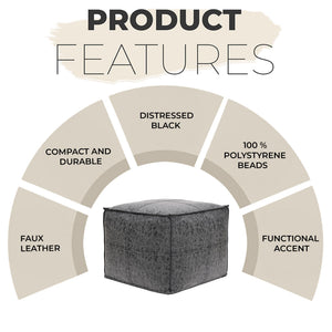 Square Distressed Vegan Leather Pouf Ottoman 18x18x14
