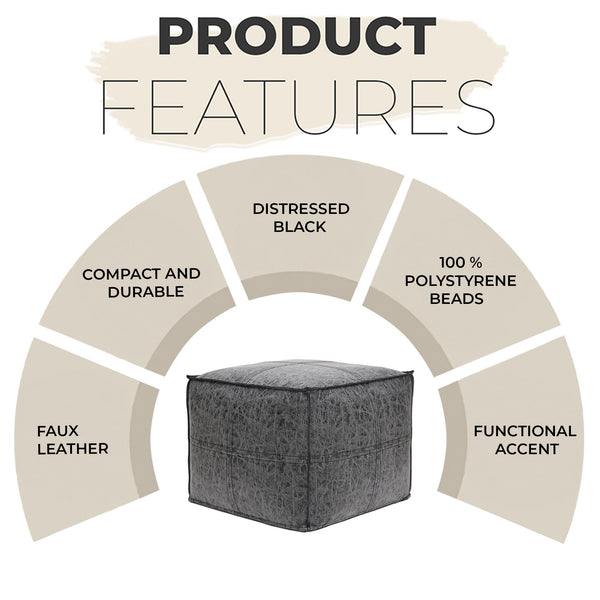 Square Distressed Vegan Leather Pouf Ottoman 18x18x14