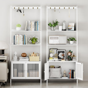 4-Tier Bamboo Ladder Bookshelf with Drawers & Hooks