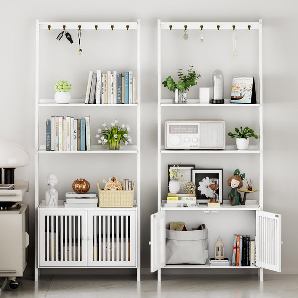 4-Tier Bamboo Ladder Bookshelf with Drawers & Hooks