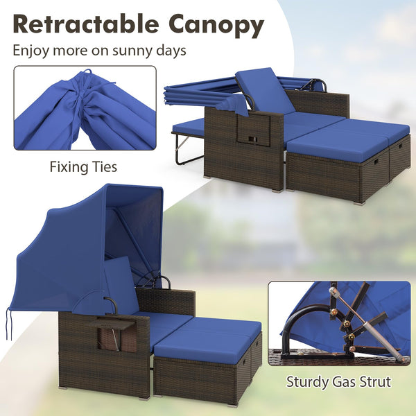 Outdoor Rattan Daybed with Retractable Canopy & Adjustable Backrests