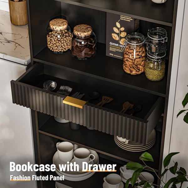 7-Tier Tall Bookcase with Drawer – Black
