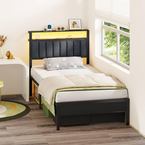 Twin Platform Bed with LED Lights, Charging Station & Storage Drawers
