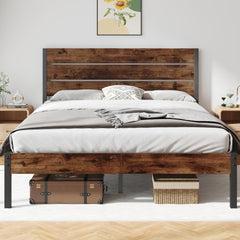 Queen Bed Frame with Headboard & Footboard – Rustic Brown