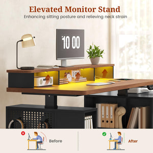Electric Standing Desk with Storage, Monitor Stand, Power Outlets & LED Lights