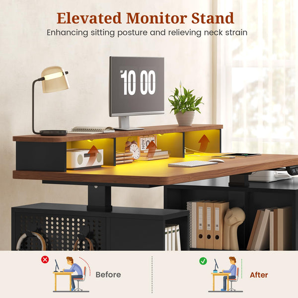 Electric Standing Desk with Storage, Monitor Stand, Power Outlets & LED Lights