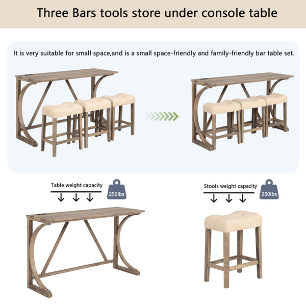 4-Piece Bar Table Set with USB Port & Upholstered Stools