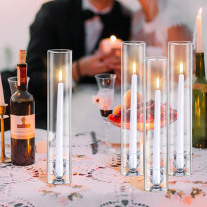 Glass Hurricane Candle Holder Set with Taper Candlesticks & White Candles (12 Set)