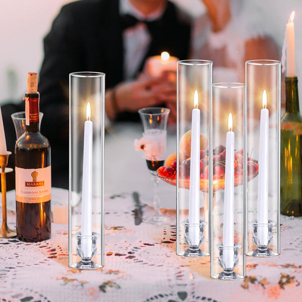 Glass Hurricane Candle Holder Set with Taper Candlesticks & White Candles (12 Set)