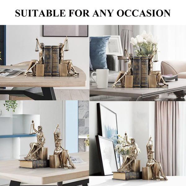 Lady Justice Statue Bookends – Gold Metal & Resin, Set of 2