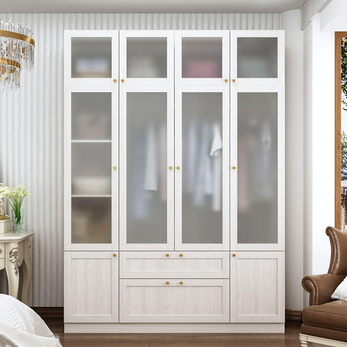 Wide Wardrobe Armoire with Frosted Glass Doors, Hanging Rods & Drawers