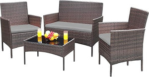 4-Piece Outdoor Wicker Patio Conversation Set with Cushions & Glass Table