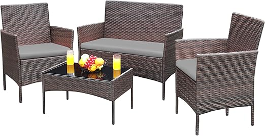 4-Piece Outdoor Wicker Patio Conversation Set with Cushions & Glass Table