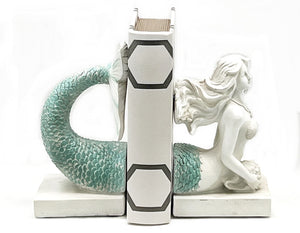 Mermaid Bookends Antique White Shelf Decor 9 Inch