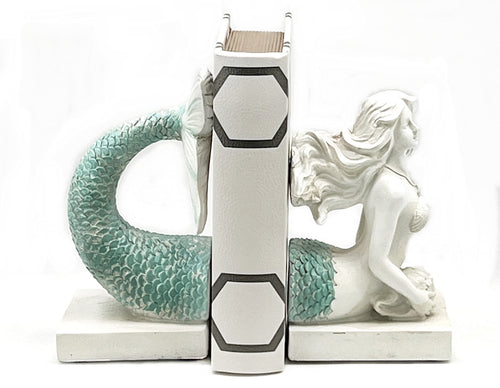 Mermaid Bookends Antique White Shelf Decor 9 Inch