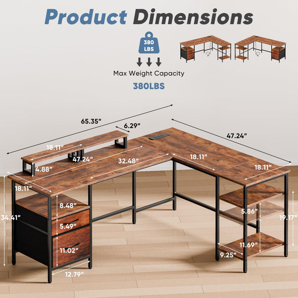 L-Shaped Gaming & Home Office Desk with Charging Station