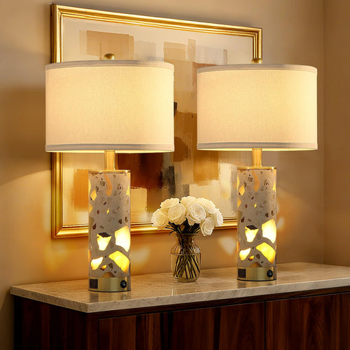 Stone Table Lamp with Night Light & USB Ports – Set of 2