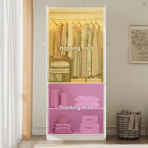 Wardrobe Closet with Glass Doors, LED Lighting & Drawers
