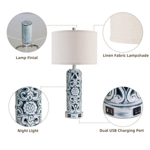 Coastal Vintage Table Lamp Set of 2 with USB Ports & Nightlight