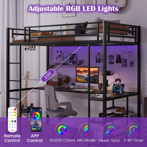 Twin Size Metal Loft Bed with Desk, LED Lights & Charging Station