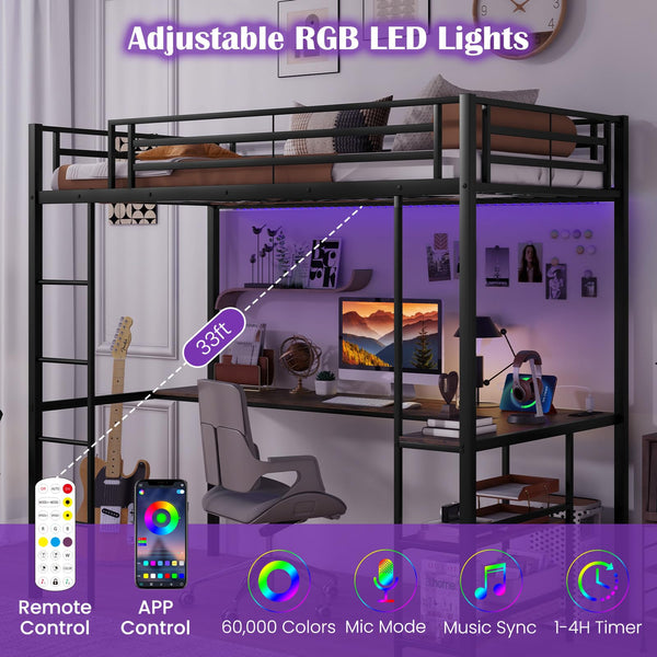 Twin Size Metal Loft Bed with Desk, LED Lights & Charging Station