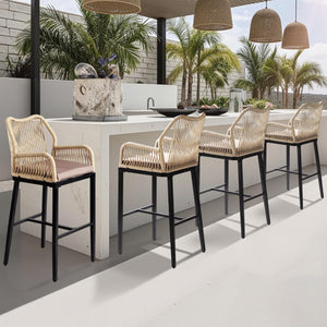 Outdoor Wicker Bar Stools Set of 2 with Cushions & Backrest