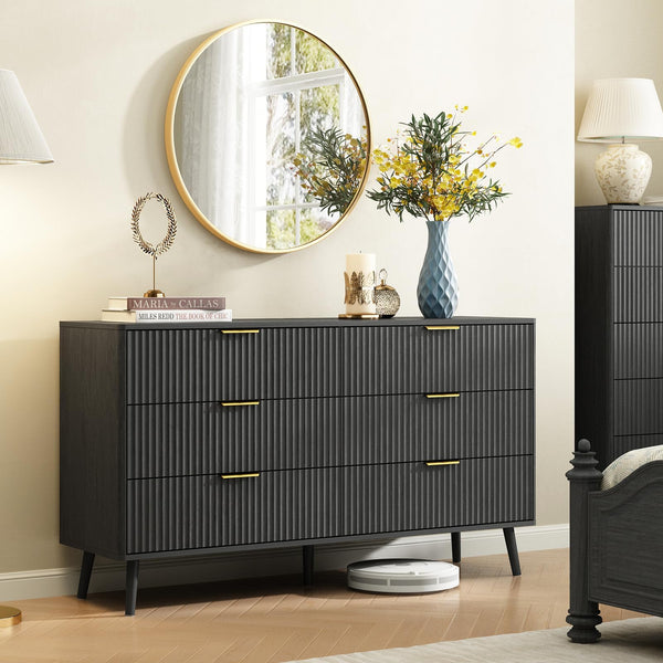 2-Piece Black Fluted Dresser Set with 11 Drawers