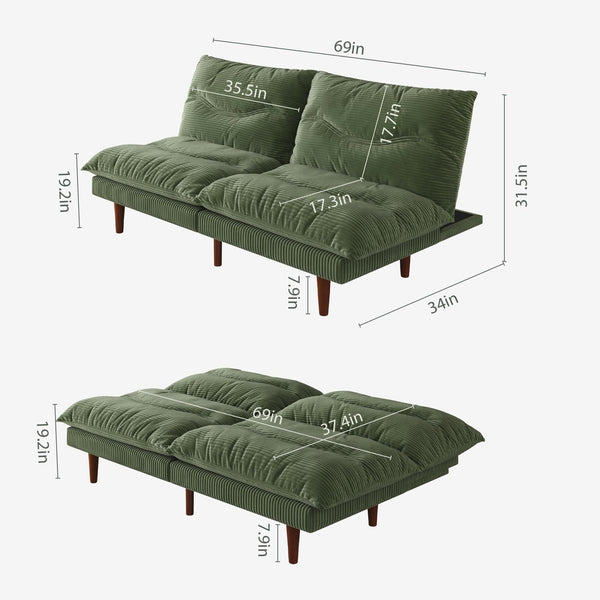 69" Corduroy Futon Sofa Bed with Adjustable Backrest