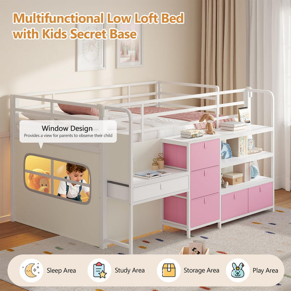 Twin Low Loft Bed with Desk, Storage Drawers, Bookshelf & LED Lights