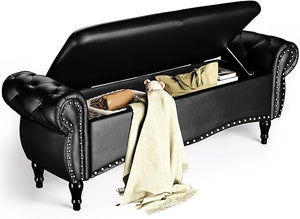 Upholstered Storage Ottoman Bench with Rolled Arms & Nailhead Trim
