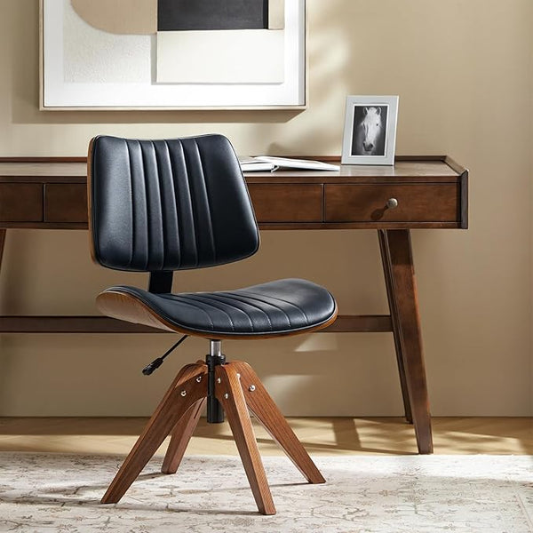Mid-Century Faux Leather Swivel Desk Chair, Tufted Back, Solid Wood Legs
