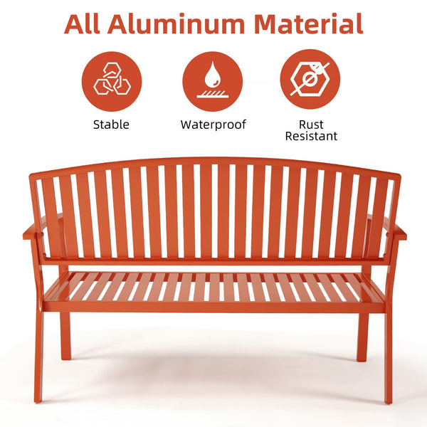 Eongdn 52" Outdoor Garden Bench Weatherproof, Rust-Resistant Aluminum Metal 2-Person Garden Bench with 660 lbs Weight Capacity, Patio Benches for Outdoors Porch, Patio, Backyard and Park (Orange)