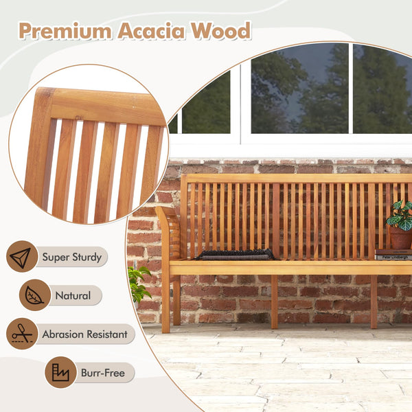 3-Seat Outdoor Acacia Wood Bench with Cushion