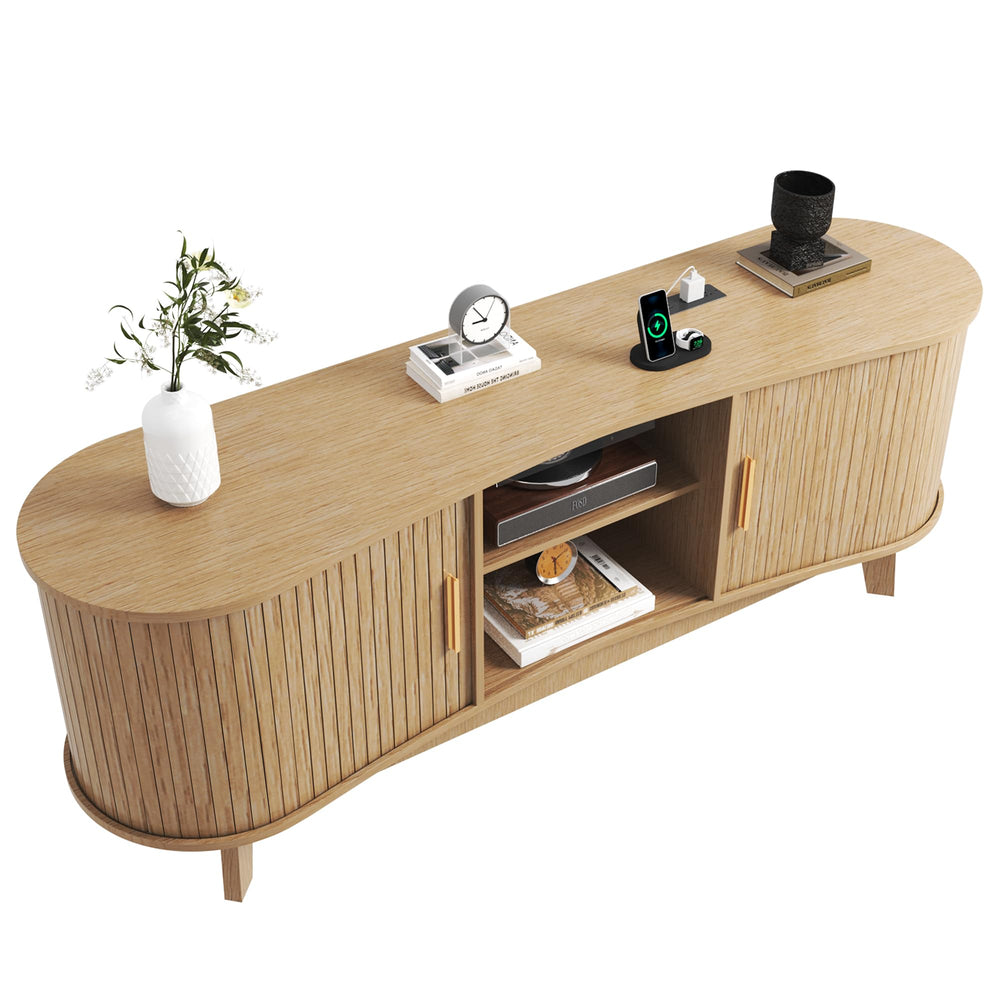 Mid Century Modern TV Stand with Sliding Doors and Power Outlet