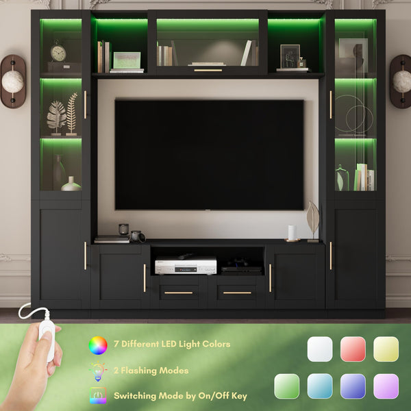 4-Piece Wall Unit TV Stand with LED Lights, Entertainment Center with Bookshelves & Bridge, Black