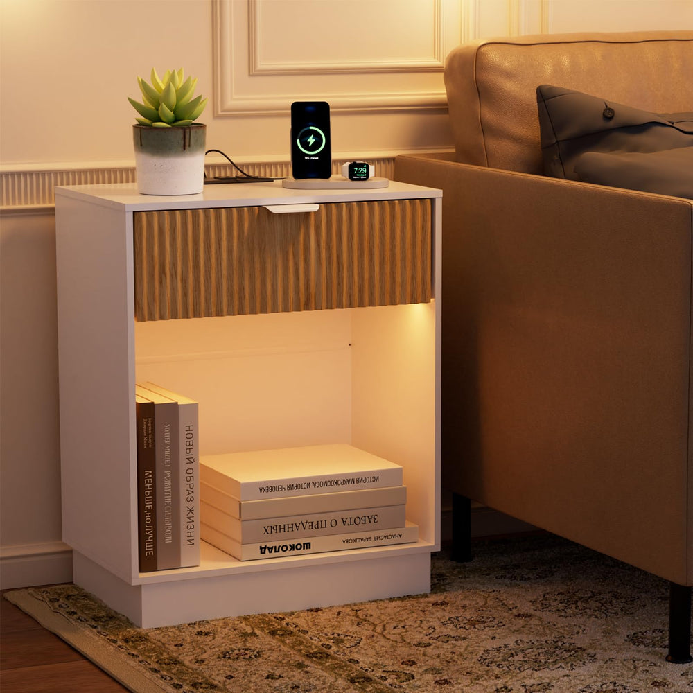 Fluted Nightstand Set of 2 with Charging Station & LED Lights