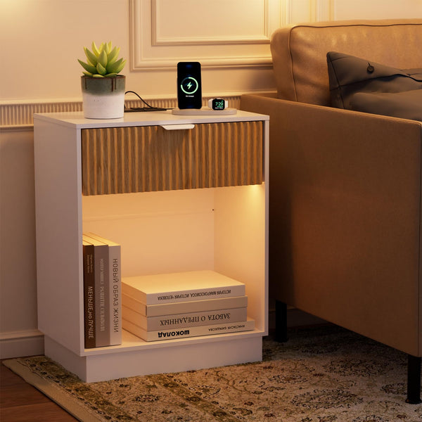 Fluted Nightstand Set of 2 with Charging Station & LED Lights