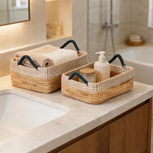 Seagrass Storage Basket Set of 4 – 2 Round & 2 Square Woven Bins with Handles