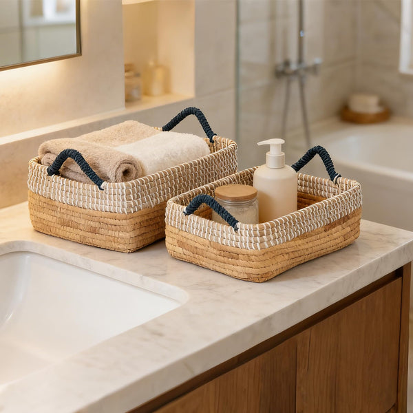 Seagrass Storage Basket Set of 4 – 2 Round & 2 Square Woven Bins with Handles