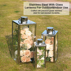 Stainless Steel Glass Candle Lanterns Set of 3 – Indoor & Outdoor Decorative Lanterns