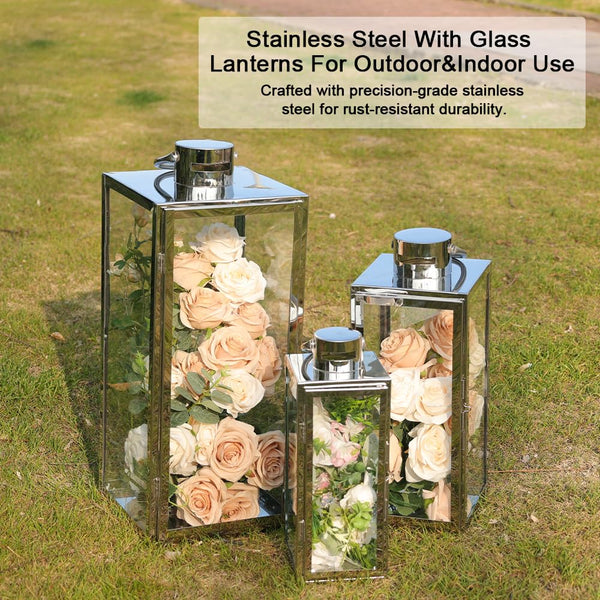 Stainless Steel Glass Candle Lanterns Set of 3 – Indoor & Outdoor Decorative Lanterns
