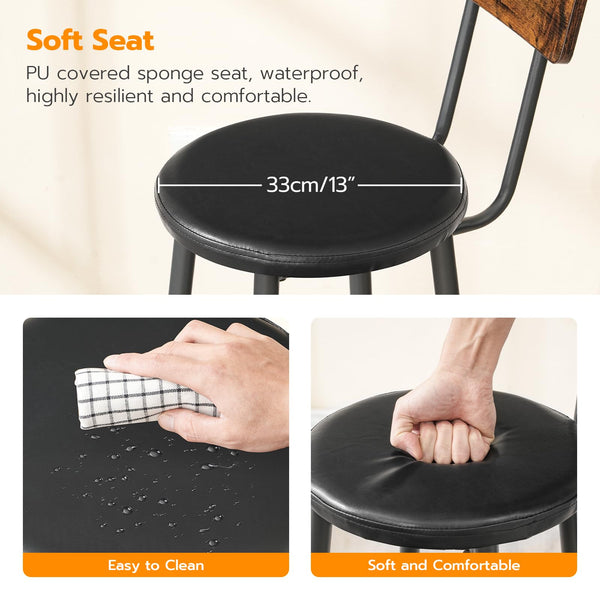 Bar Stools Set of 2, 26" Counter Height with PU Cushion, Footrest & Back
