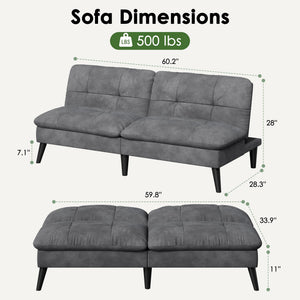 Velvet Futon Sofa Bed – Convertible Loveseat with Adjustable Backrest, Grey