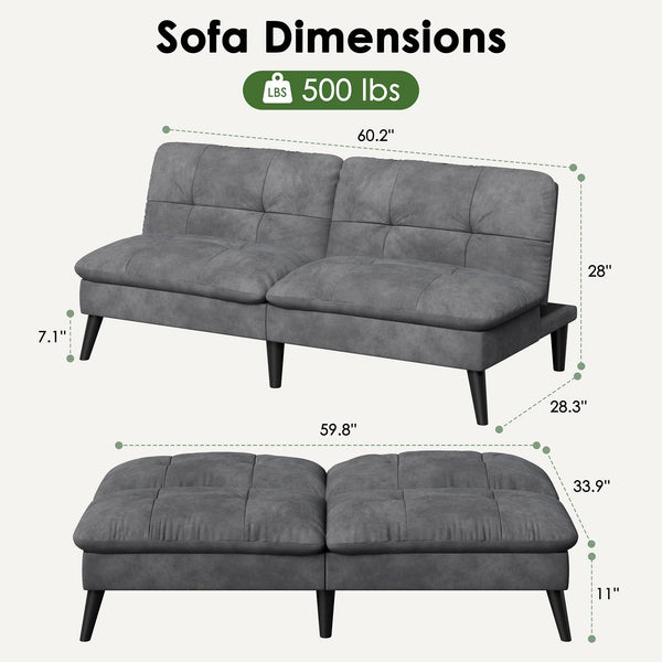Velvet Futon Sofa Bed – Convertible Loveseat with Adjustable Backrest, Grey