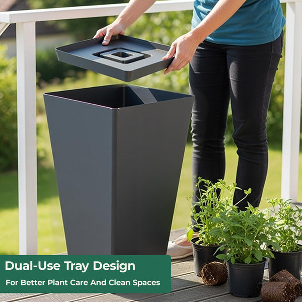 Large 28-Inch Tall Planters Set of 2 with Drainage Hole and Tray