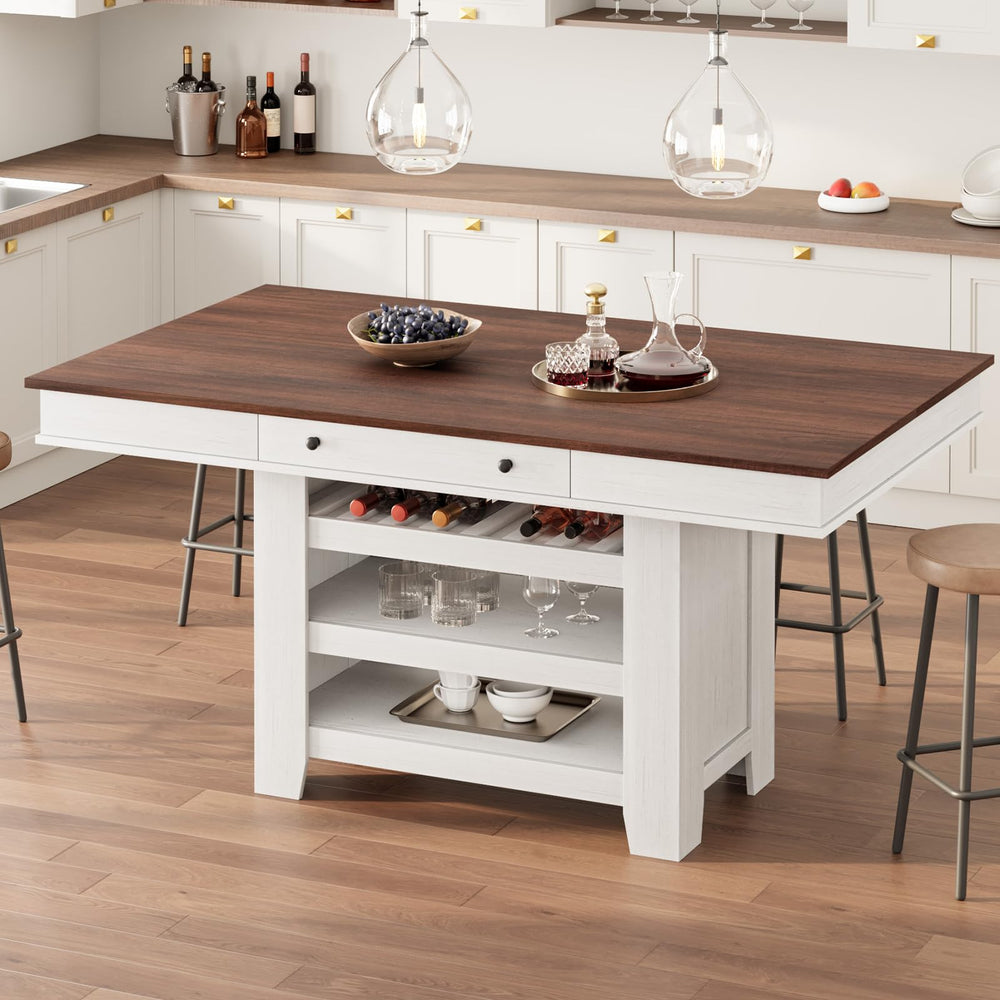 60-Inch Counter Height Dining Table with Wine Rack and Storage Shelves