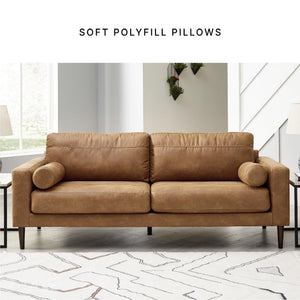 Faux Leather Sofa with Bolster Pillows & Wood Accent Legs, Dark Brown